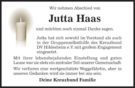 Traueranzeige von Jutta Haas von Hildesheimer Allgemeine Zeitung
