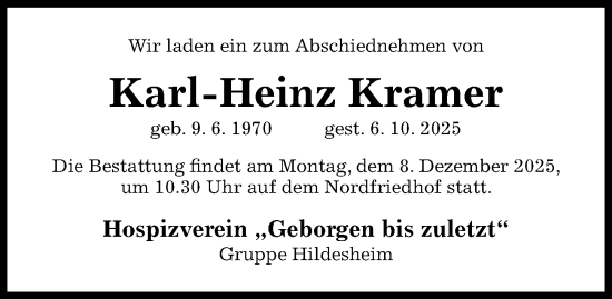 Traueranzeige von Karl-Heinz Kramer von Hildesheimer Allgemeine Zeitung