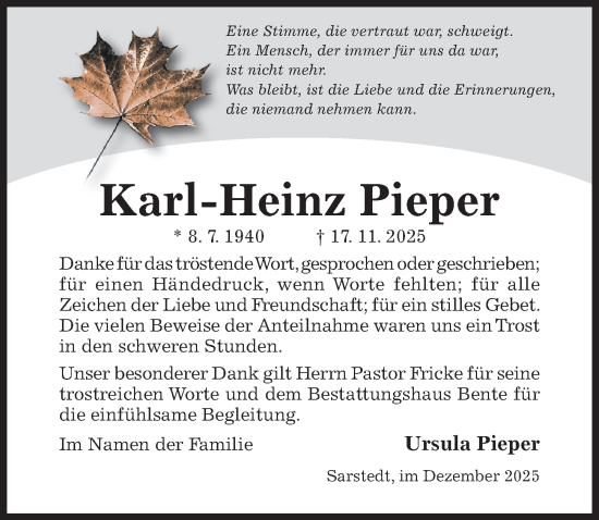 Traueranzeige von Karl-Heinz Pieper von Hildesheimer Allgemeine Zeitung