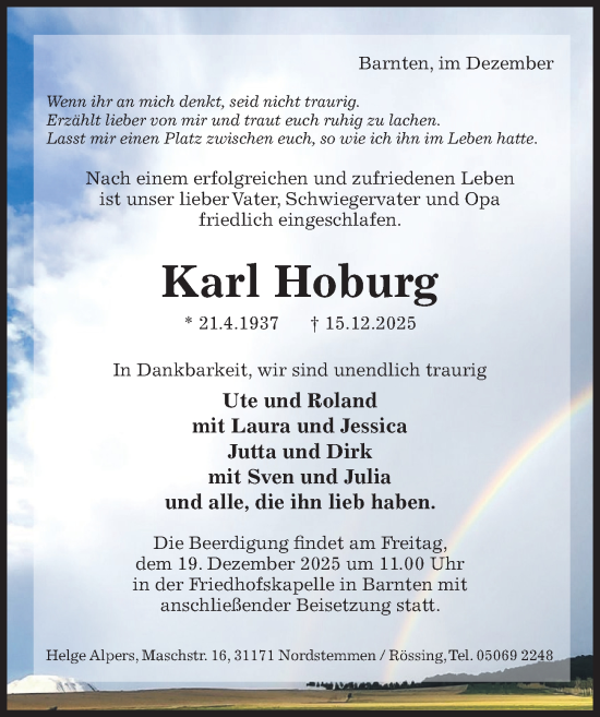 Traueranzeige von Karl Hoburg von Hildesheimer Allgemeine Zeitung