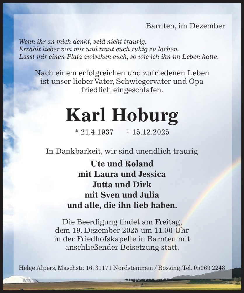  Traueranzeige für Karl Hoburg vom 17.12.2025 aus Hildesheimer Allgemeine Zeitung