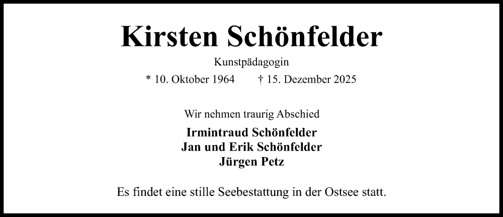  Traueranzeige für Kirsten Schönfelder vom 20.12.2025 aus Hildesheimer Allgemeine Zeitung