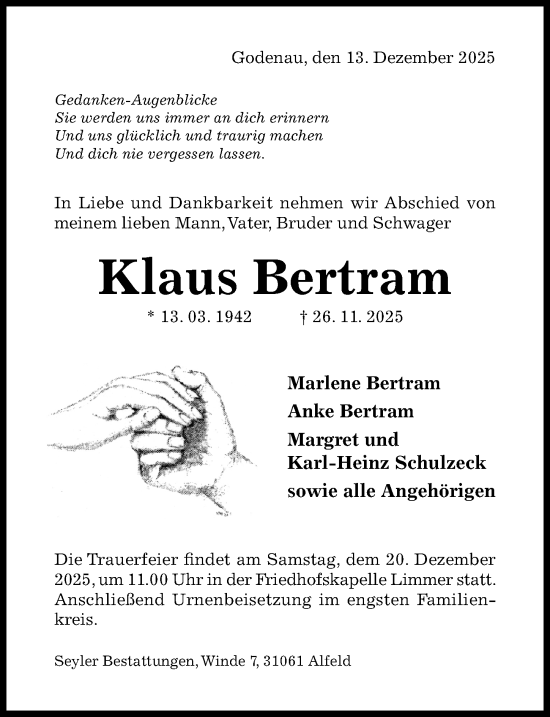 Traueranzeige von Klaus Bertram von Hildesheimer Allgemeine Zeitung