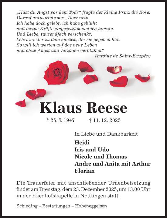 Traueranzeige von Klaus Reese von Hildesheimer Allgemeine Zeitung