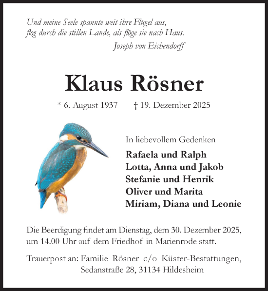 Traueranzeige von Klaus Rösner von Hildesheimer Allgemeine Zeitung