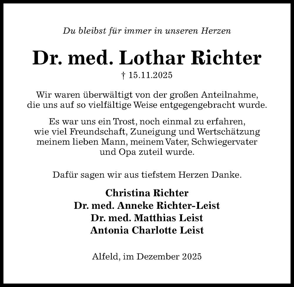  Traueranzeige für Lothar Richter vom 13.12.2025 aus Hildesheimer Allgemeine Zeitung