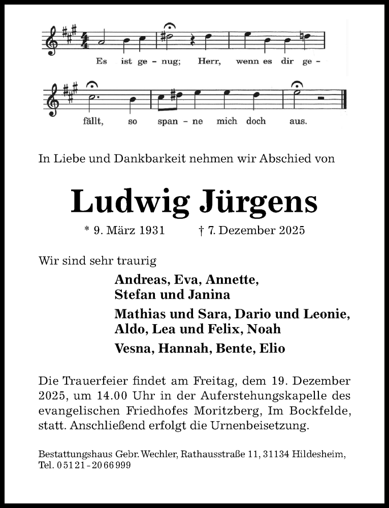  Traueranzeige für Ludwig Jürgens vom 10.12.2025 aus Hildesheimer Allgemeine Zeitung