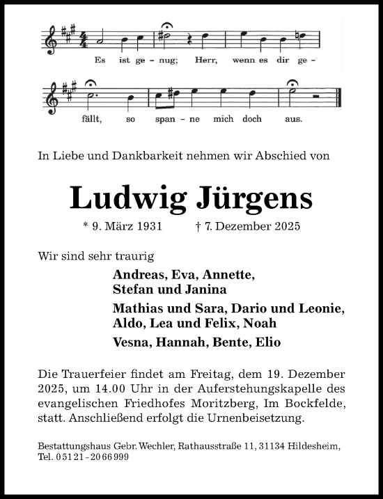 Traueranzeige von Ludwig Jürgens von Hildesheimer Allgemeine Zeitung