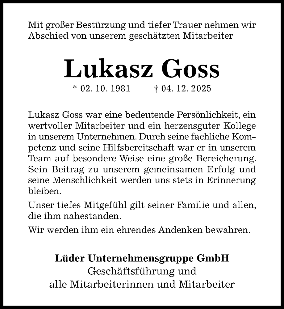  Traueranzeige für Lukasz Goss vom 13.12.2025 aus Hildesheimer Allgemeine Zeitung