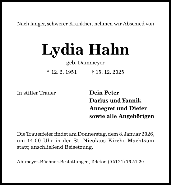 Traueranzeige von Lydia Hahn von Hildesheimer Allgemeine Zeitung