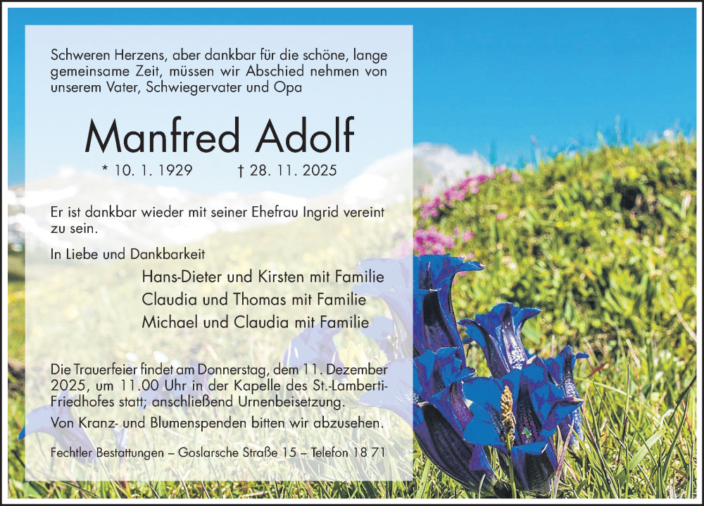  Traueranzeige für Manfred Adolf vom 03.12.2025 aus Hildesheimer Allgemeine Zeitung
