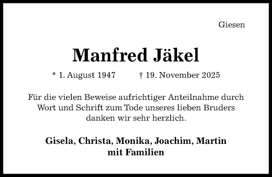 Traueranzeige von Manfred Jäkel von Hildesheimer Allgemeine Zeitung