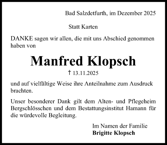 Traueranzeige von Manfred Klopsch von Hildesheimer Allgemeine Zeitung