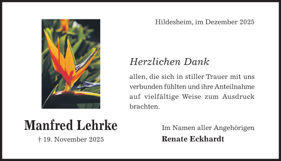 Traueranzeige von Manfred Lehrke von Hildesheimer Allgemeine Zeitung