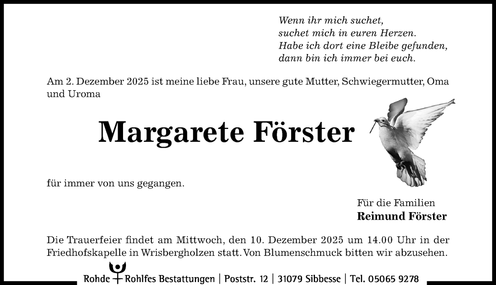  Traueranzeige für Margarete Förster vom 06.12.2025 aus Hildesheimer Allgemeine Zeitung