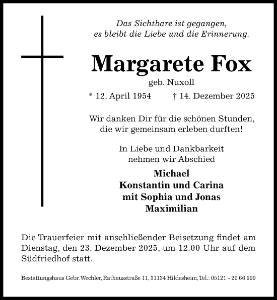 Traueranzeige von Margarete Fox von Hildesheimer Allgemeine Zeitung
