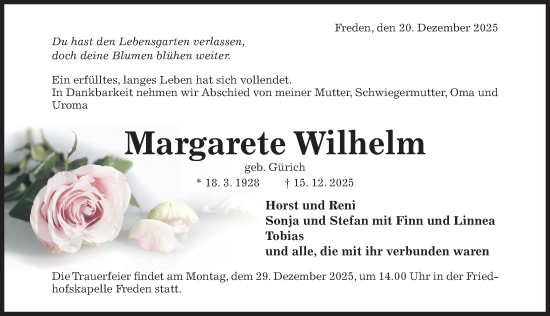 Traueranzeige von Margarete Wilhelm von Hildesheimer Allgemeine Zeitung