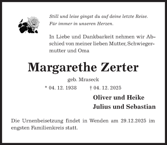Traueranzeige von Margarethe Zerter von Hildesheimer Allgemeine Zeitung
