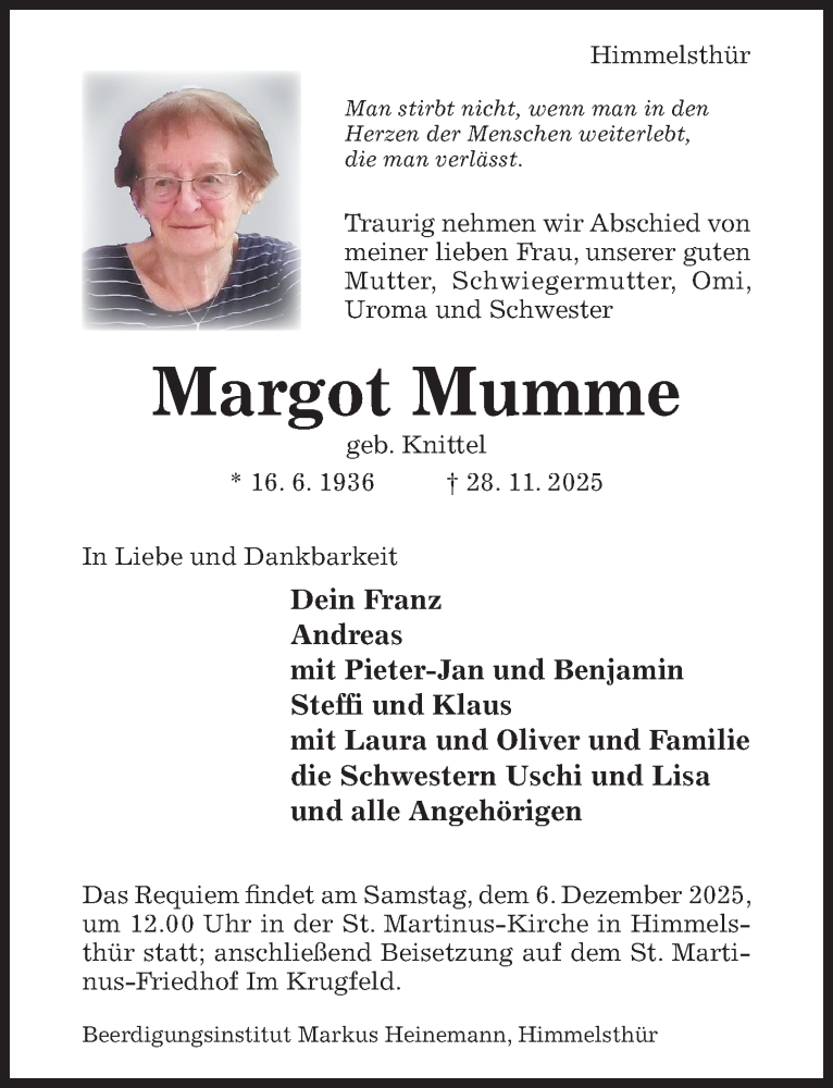  Traueranzeige für Margot Mumme vom 03.12.2025 aus Hildesheimer Allgemeine Zeitung