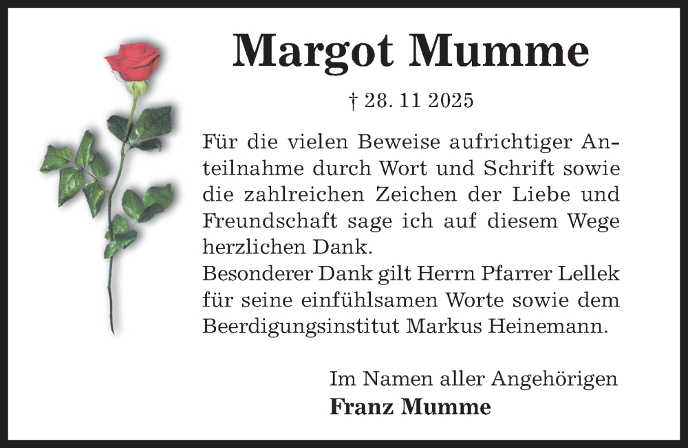  Traueranzeige für Margot Mumme vom 17.12.2025 aus Hildesheimer Allgemeine Zeitung