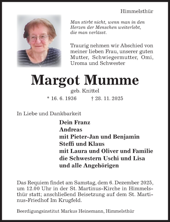 Traueranzeige von Margot Mumme von Hildesheimer Allgemeine Zeitung