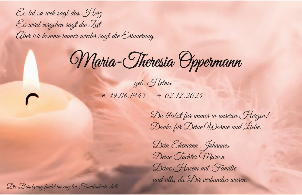  Traueranzeige für Maria-Theresia Oppermann vom 13.12.2025 aus Hildesheimer Allgemeine Zeitung