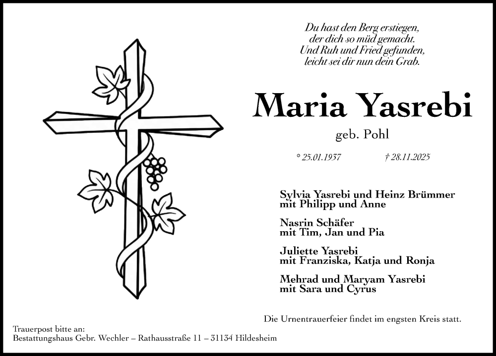  Traueranzeige für Maria Yasrebi vom 06.12.2025 aus Hildesheimer Allgemeine Zeitung