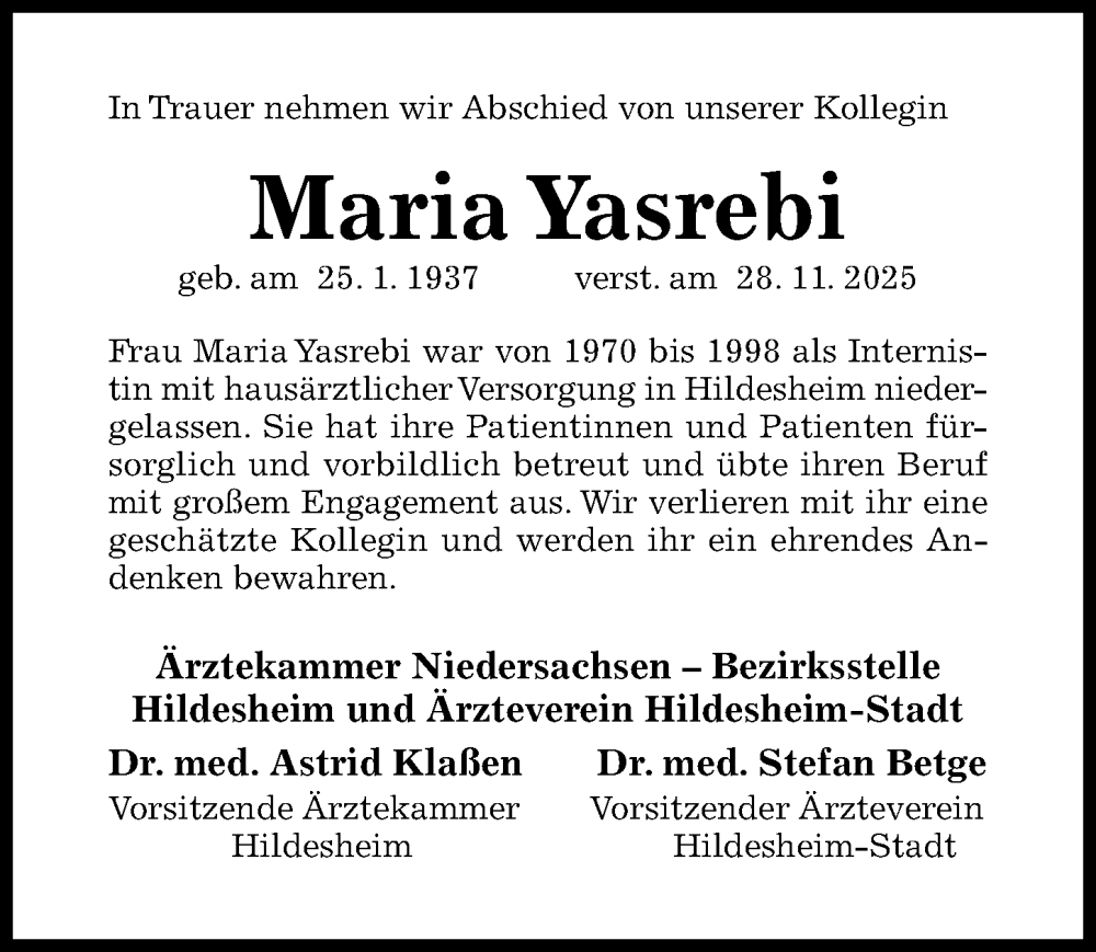  Traueranzeige für Maria Yasrebi vom 20.12.2025 aus Hildesheimer Allgemeine Zeitung