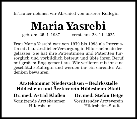 Traueranzeige von Maria Yasrebi von Hildesheimer Allgemeine Zeitung