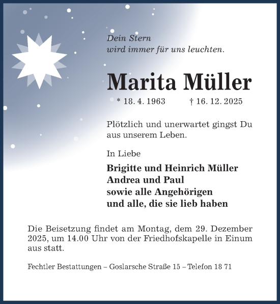 Traueranzeige von Marita Müller von Hildesheimer Allgemeine Zeitung