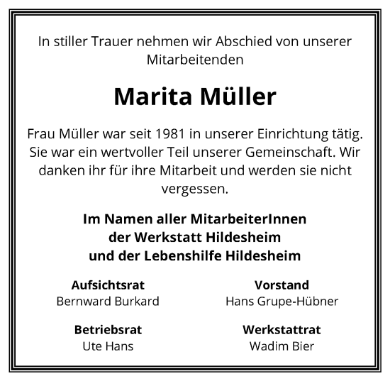 Traueranzeige von Marita Müller von Hildesheimer Allgemeine Zeitung