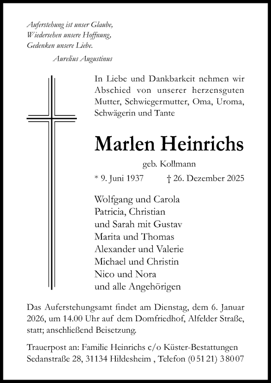 Traueranzeige von Marlen Heinrichs von Hildesheimer Allgemeine Zeitung