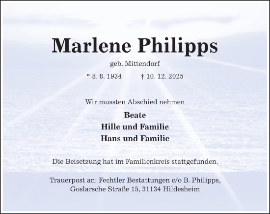 Traueranzeige von Marlene Philipps von Hildesheimer Allgemeine Zeitung