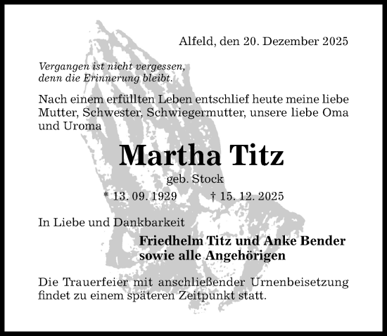 Traueranzeige von Martha Titz von Hildesheimer Allgemeine Zeitung