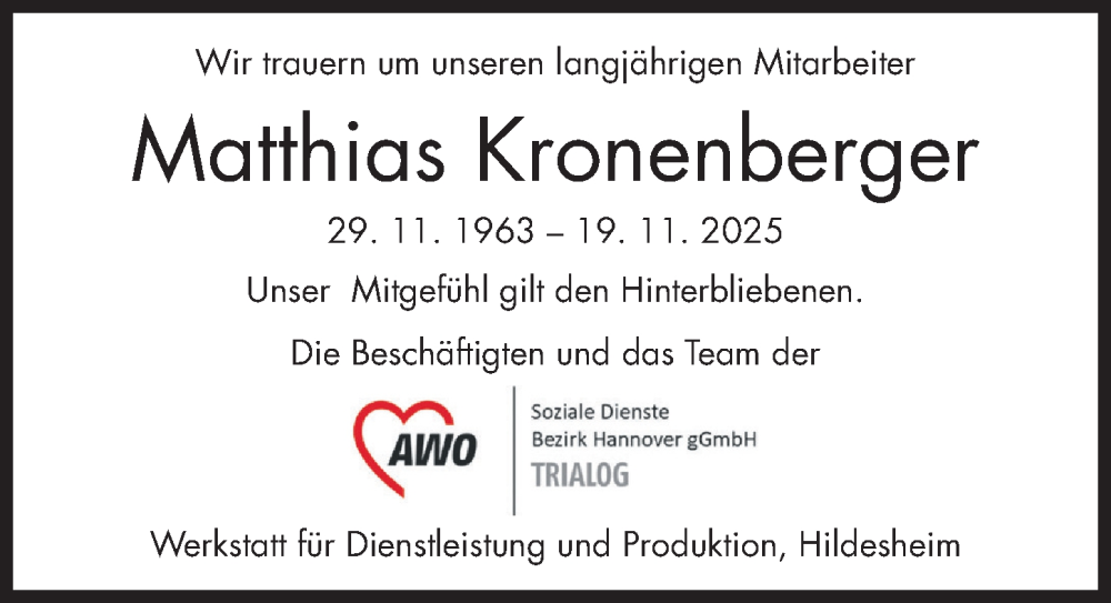  Traueranzeige für Matthias Kronenberger vom 06.12.2025 aus Hildesheimer Allgemeine Zeitung