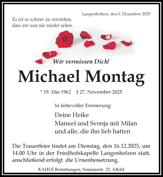 Traueranzeige von Michael Montag von Hildesheimer Allgemeine Zeitung