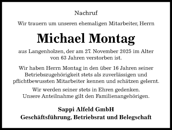 Traueranzeige von Michael Montag von Hildesheimer Allgemeine Zeitung