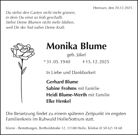 Traueranzeige von Monika Blume von Hildesheimer Allgemeine Zeitung