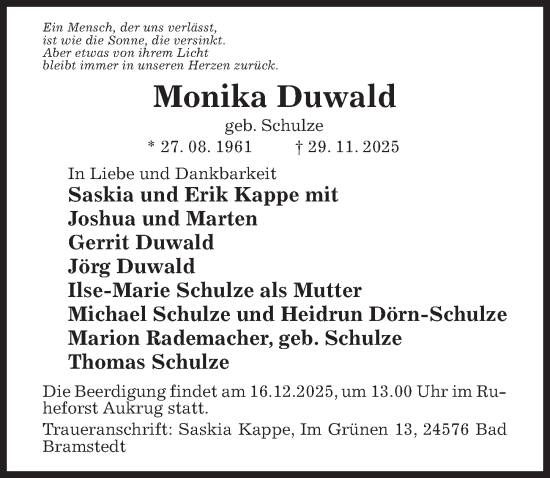 Traueranzeige von Monika Duwald von Hildesheimer Allgemeine Zeitung