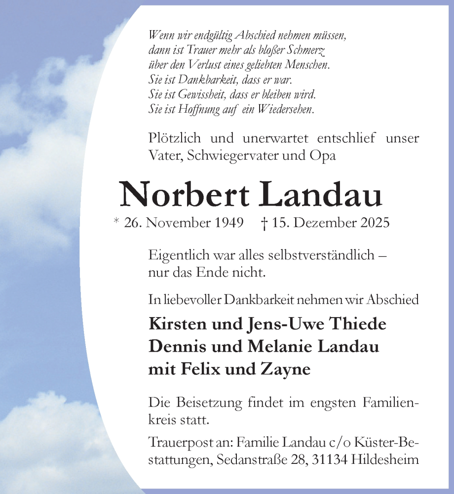  Traueranzeige für Norbert Landau vom 20.12.2025 aus Hildesheimer Allgemeine Zeitung