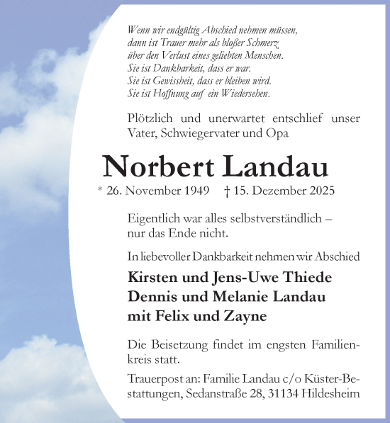 Traueranzeige von Norbert Landau von Hildesheimer Allgemeine Zeitung