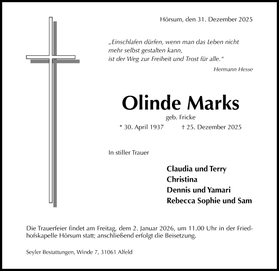 Traueranzeige von Olinde Marks von Hildesheimer Allgemeine Zeitung