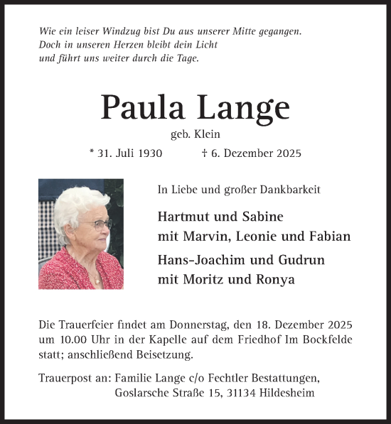 Traueranzeige von Paula Lange von Hildesheimer Allgemeine Zeitung