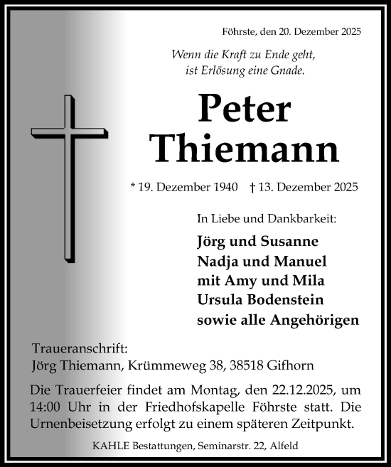 Traueranzeige von Peter Thiemann von Hildesheimer Allgemeine Zeitung