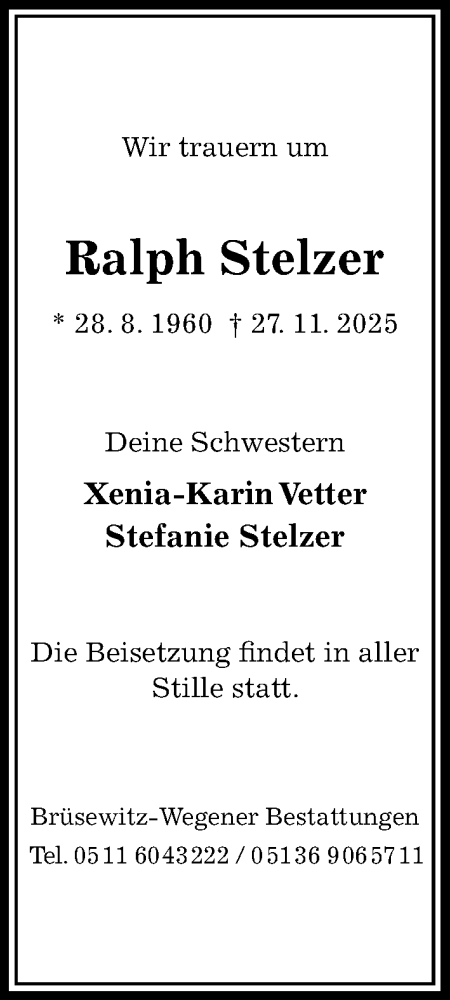 Traueranzeige von Ralph Stelzer von Hildesheimer Allgemeine Zeitung