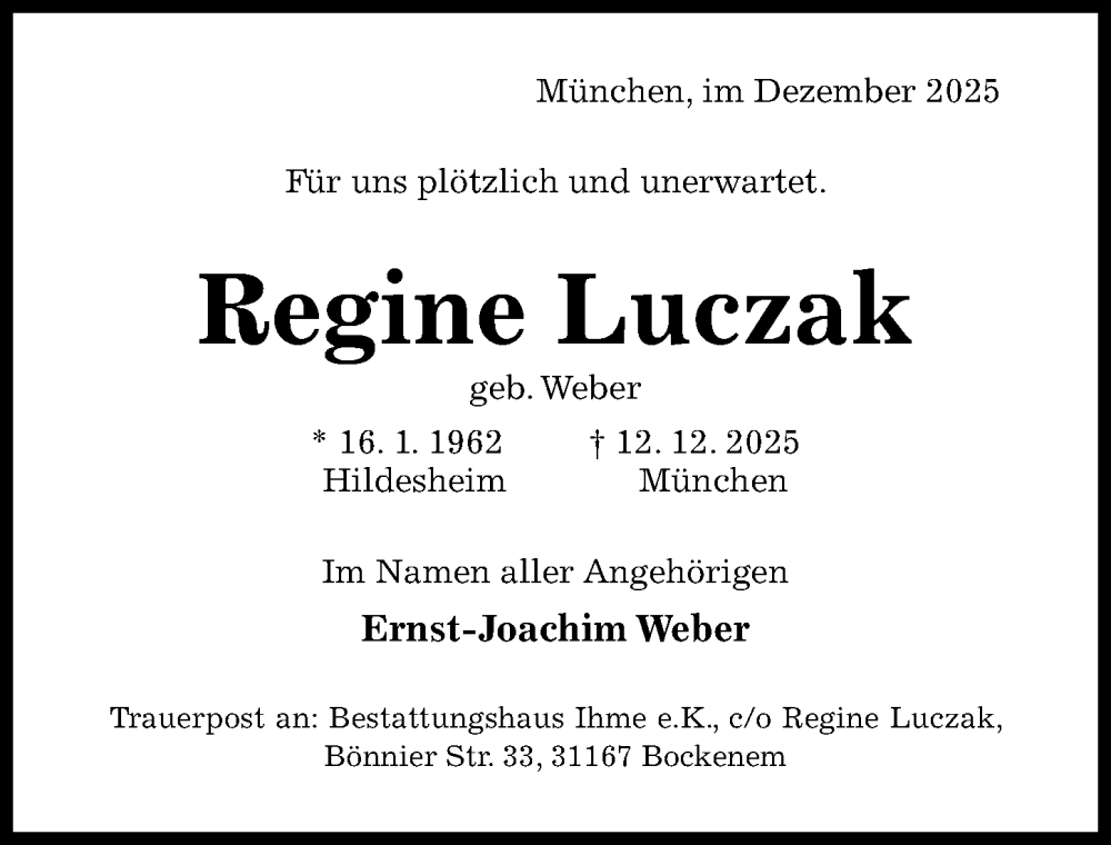  Traueranzeige für Regine Luczak vom 20.12.2025 aus Hildesheimer Allgemeine Zeitung