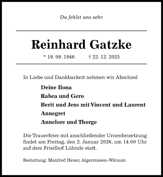 Traueranzeige von Reinhard Gatzke von Hildesheimer Allgemeine Zeitung