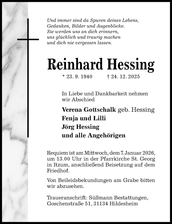 Traueranzeige von Reinhard Hessing von Hildesheimer Allgemeine Zeitung