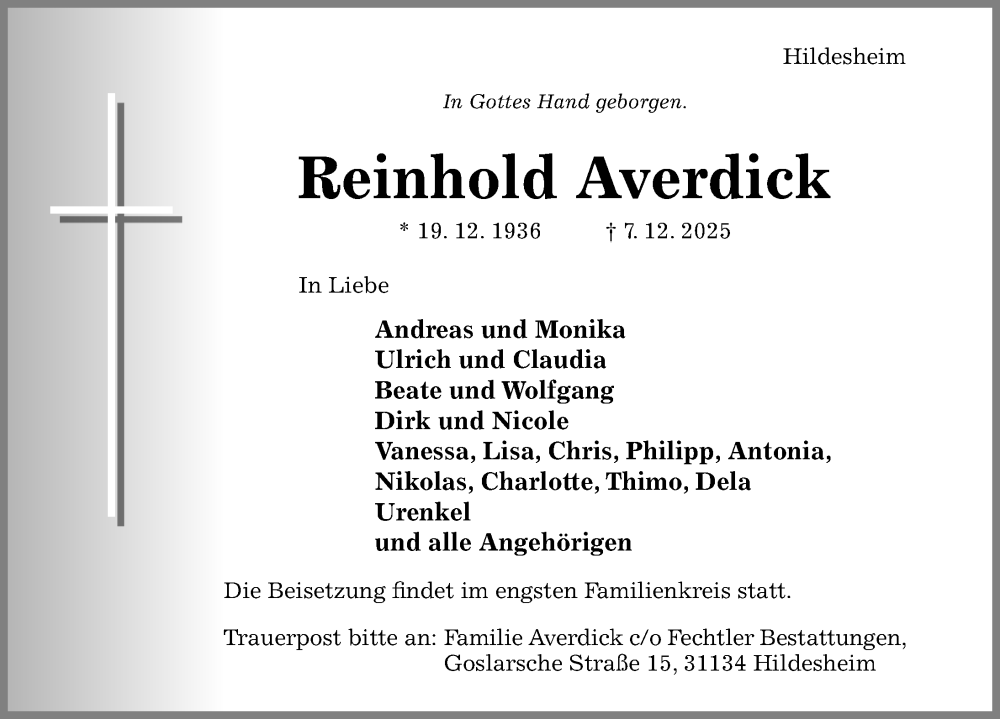  Traueranzeige für Reinhold Averdick vom 11.12.2025 aus Hildesheimer Allgemeine Zeitung