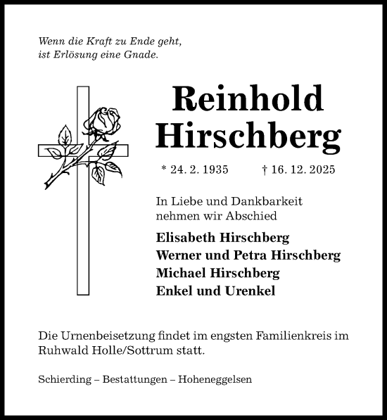 Traueranzeige von Reinhold Hirschberg von Hildesheimer Allgemeine Zeitung